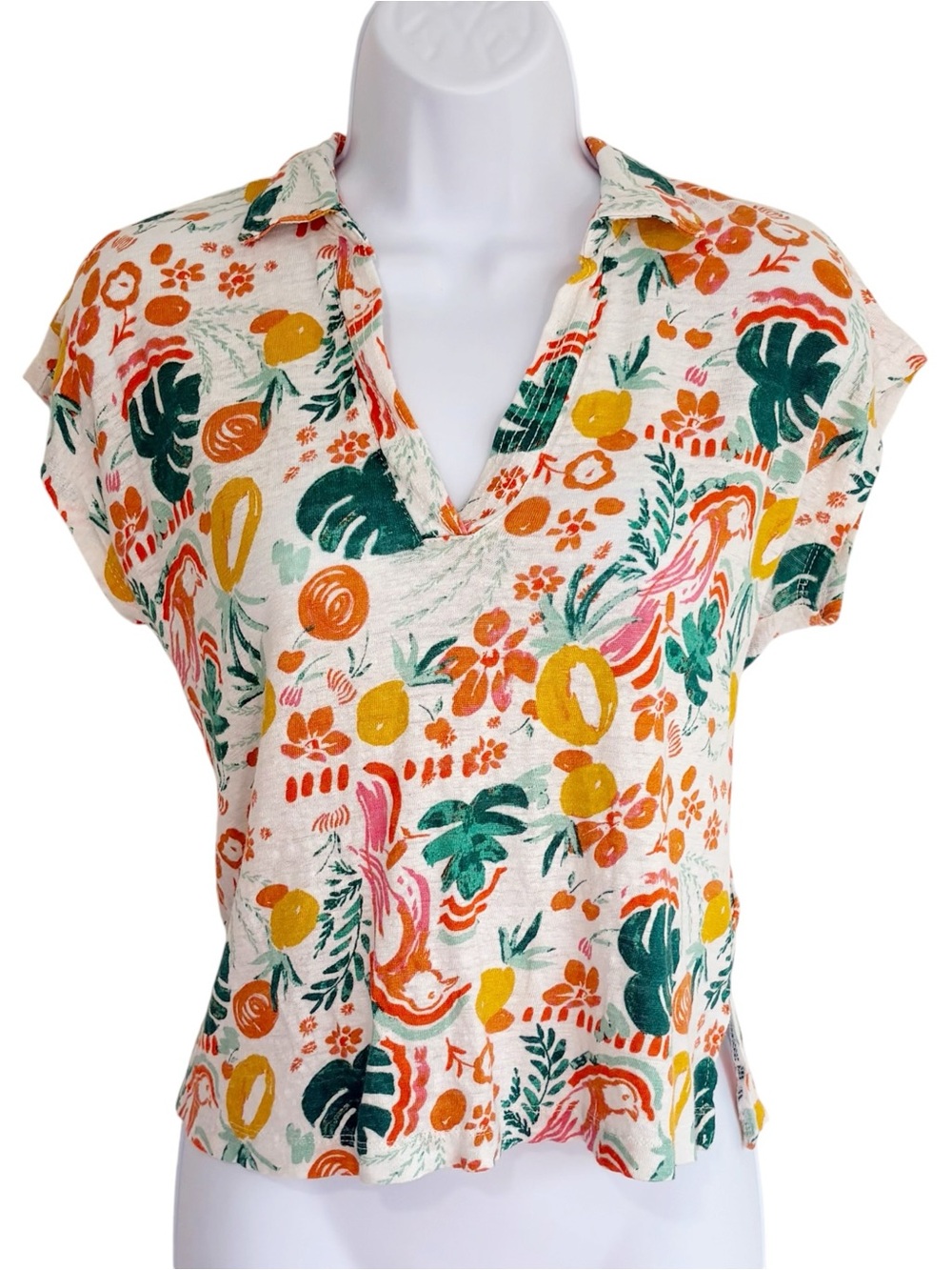C&C CALIFORNIA 100% Linen Tropical Print Collared Resort Short Sleeve Top Medium